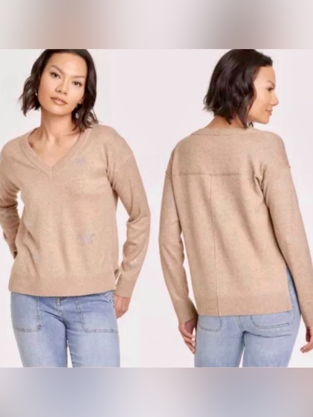 Knox Rose Tan Star-Embellished V-Neck Sweater